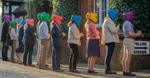 Voters at polling station in helmets