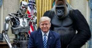 Donald Trump in the oval office with a Terminator and a large gorilla