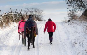 FK0G5X Mother and daughter taking horse for walk on a snowy morning, Hawes, North Yorkshire, UK.