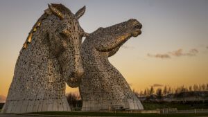 The beautiful sculptures of the Kelpies in Falkirk during sunrise.