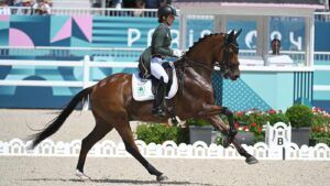 Abigail LYLE riding GIRALDO for IRL during the Grand Prix of the Olympic Dressage Team & Individual Competition at the Paris 2024 Olympic Games held on the Etoile Royal Esplanade in the grounds of the Palace of Versailles (Château de Versailles) in Versailles just outside Paris in France between the 25th July and 6th August 2024