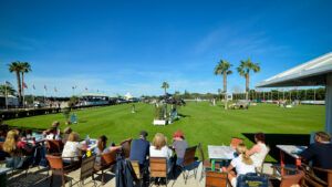 Spectators watch a horse jump a showjump on a grass arena againstva bight blue sky at the Sunshine Tour