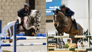 Evie Whitaker, 11, on Barleyfields Buttons and her grandfather John Whitaker, 69, riding Sharid, both win a showjumping class on the same day.