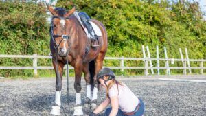 Woman on the floor after falling off a bay horse