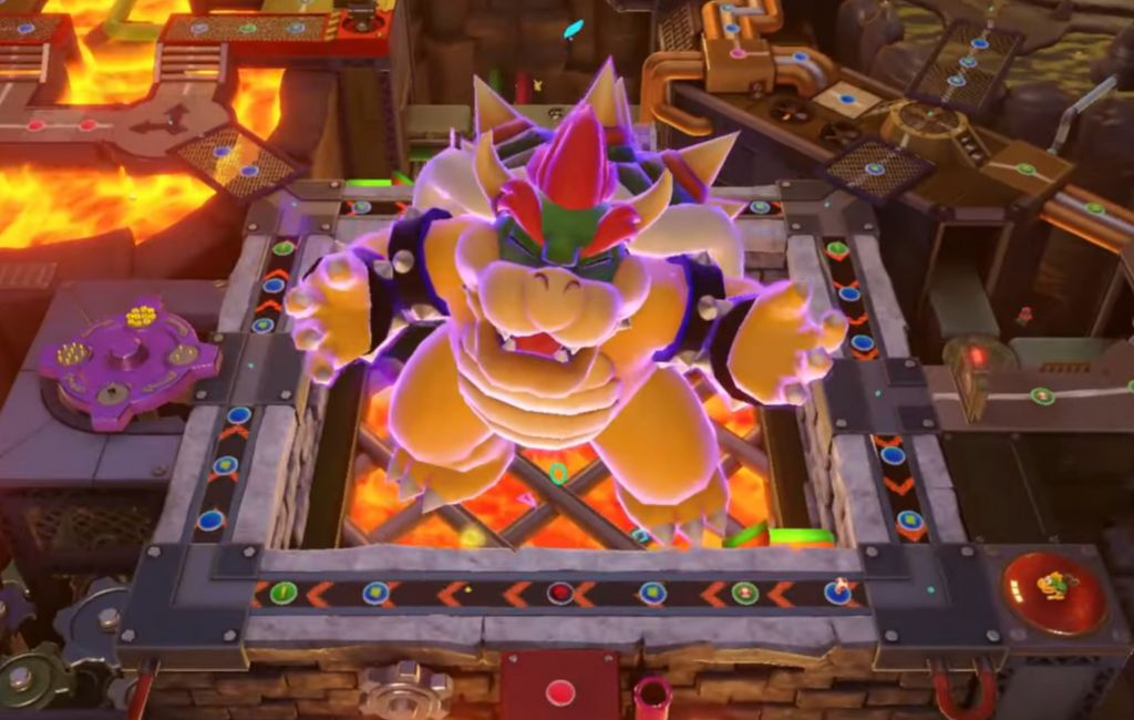 bowser sits in a pool of lava with his eyes closed and his fists raised