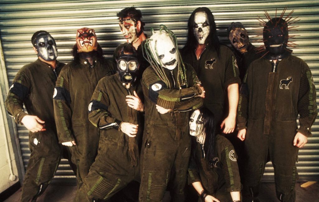 Slipknot, group portrait, Cardiff, Wales, United Kingdom, 2002. (Photo by Patrick Ford/Redferns)