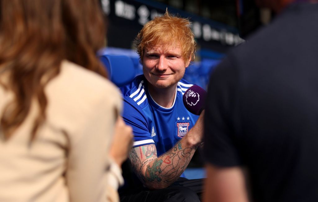 Ed Sheeran speaks to the media ahead of Ipswich Town FC match, 2024.