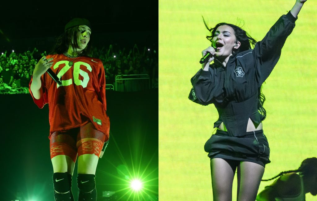 two side by side photographs of Billie Eilish (left) and Charli XCX (right) performing live on stage