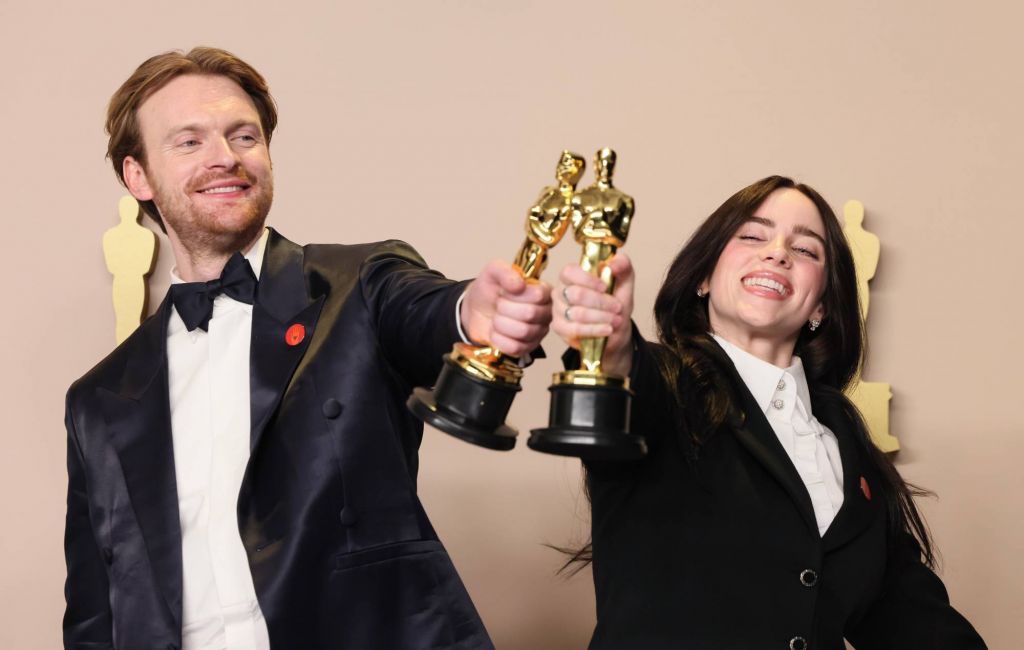 Finneas and Billie Eilish pose in the press room during the 96th Annual Academy Awards at Ovation Hollywood on March 10, 2024 in Hollywood, California. (Photo by Rodin Eckenroth/Getty Images)