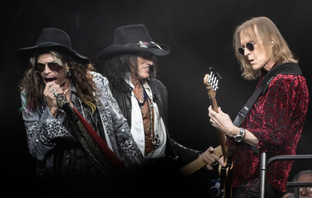 Steven Tyler, Joe Perry and Tom Hamilton of Aerosmith perform live in 2023