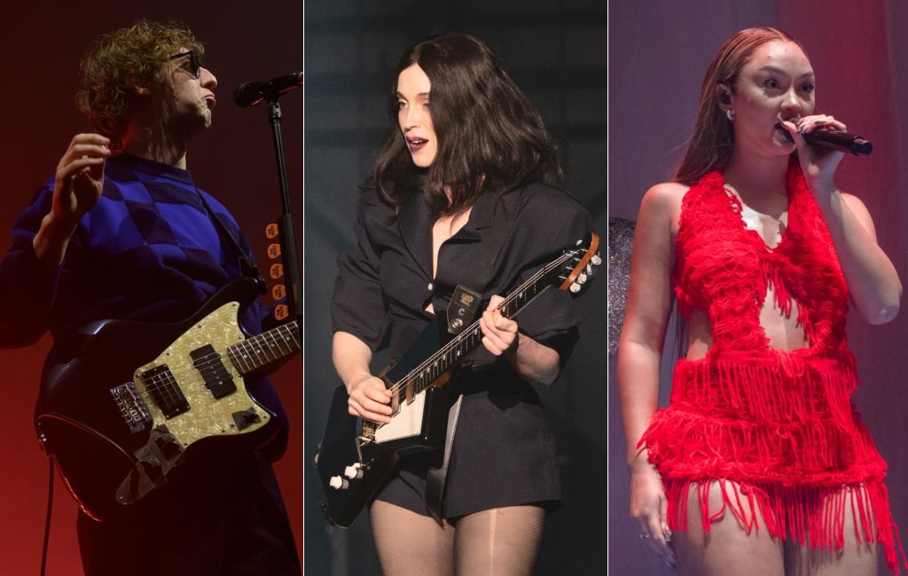 The Snuts (left), St. Vincent (centre) and FLO performing live on stage