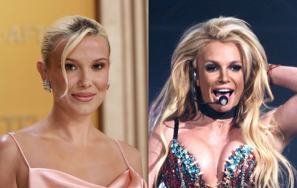 two side by side photographs of Millie Bobby Brown (left) and Britney Spears (right)