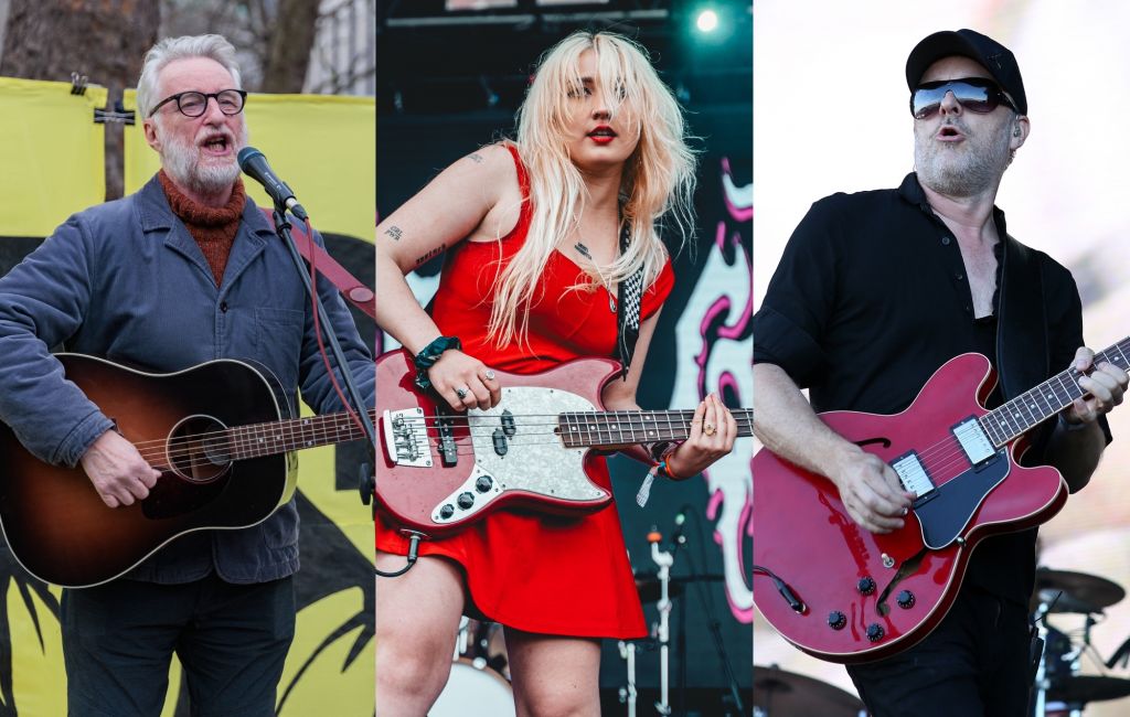 three side by side photos of Billy Bragg (left), Lambrini Girls (centre) and Doves' Jez Williams (right) performing live on stage