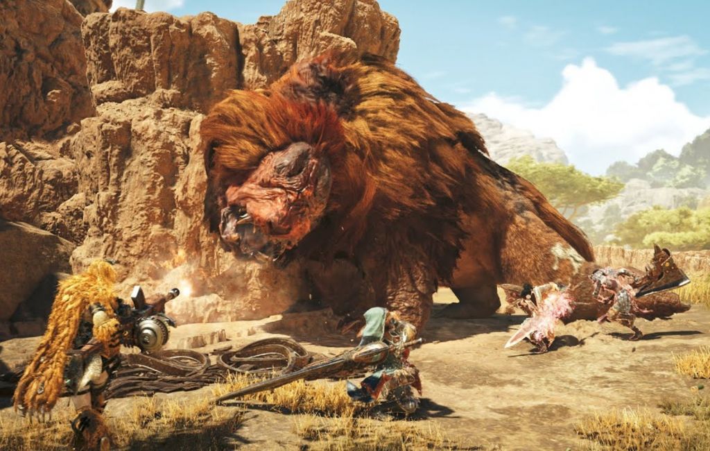 Monster Hunter Wilds Performance Fixes: A Doshaguma can be seen fighting four hunters