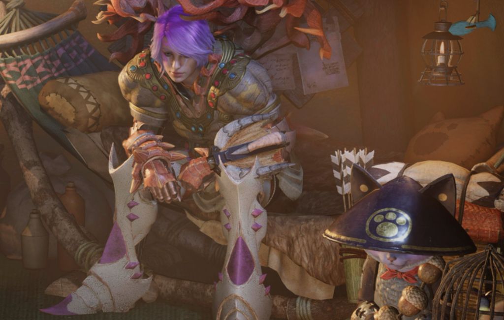 Monster Hunter Wilds Hide Helmet: The player and their Palico can be seen in their tent