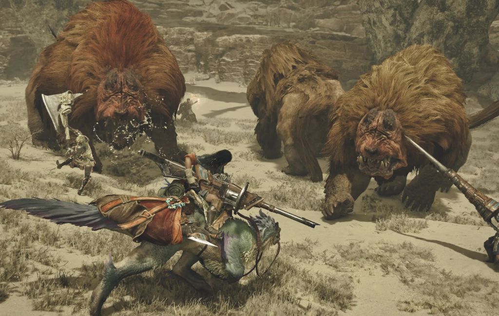 Monster Hunter Wilds Story Co-op: Several hunters can be seen fighting a pack of Doshaguma