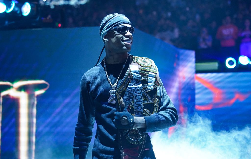 Travis Scott walking out with his personal updated WWE Undisputed "Hardcore" championship at the 2025 'WWE: Elimination Chamber' PE. Photo credit: Georgiana Dallas/WWE via Getty Images.