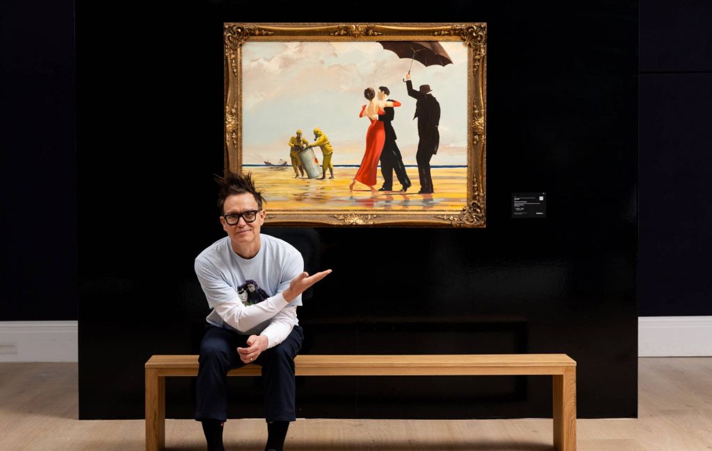 Blink-182's Mark Hoppus Besides Banksy's "Crude Oil (Vettriano)" In Sotheby's London Galleries. (Photo by Tristan Fewings/Getty Images for Sotheby's)