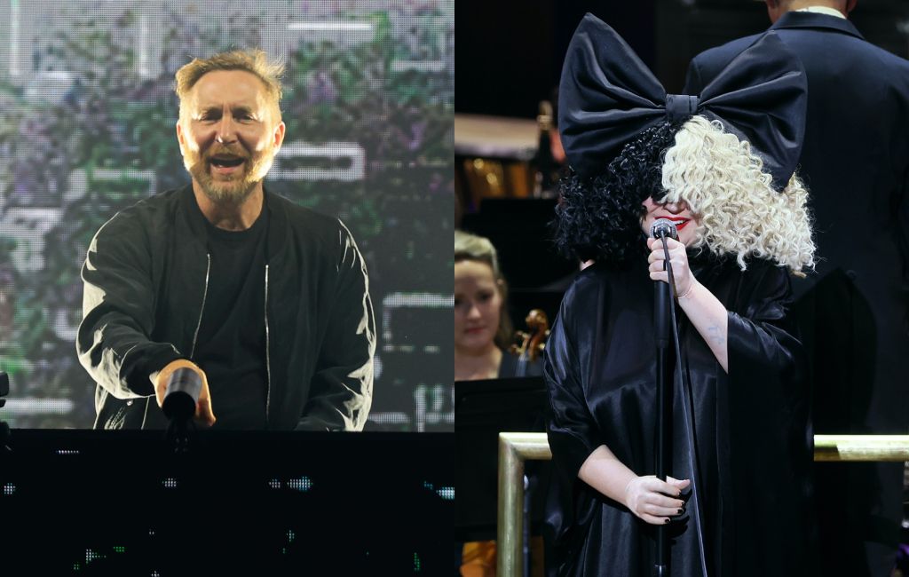 two side by side photographs of David Guetta (left) and Sia (right) performing live on stage