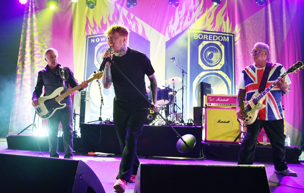 Frank Carter performs with Glen Matlock and Steve Jones of the Sex Pistols