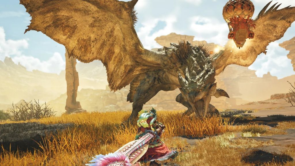 Monster Hunter Wilds Colossal Bone: A player can be seen fighting a dragon.