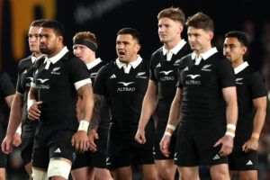 Codie Taylor leads the Haka against England in the second 2024 test in Auckland.