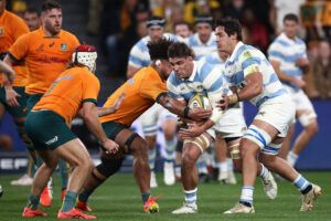 Argentina's Pablo Matera carries the ball into the tackle against Australia in their 2023 Rugby Championship game.