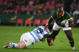 South Africa's Trevor Nyakane evades a tackle in his team's match against Argentina in the 2023 Rugby Championship.