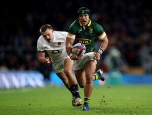 South Africa's Cheslin Kolbe on the way to scoring a try against England in the November 2024 internationals.