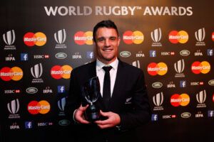 Dan Carter of New Zealand poses after receiving the World Rugby Player of the Year award.