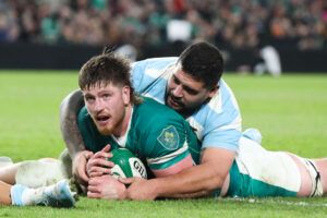 Ireland’s Joe McCarthy scores his team’s third try against Argentina in November 2024