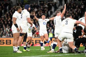 England’s Marcus Smith celebrates a try during the team's 2024 summer tour to New Zealand.