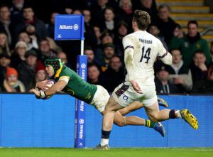 South Africa’s Cheslin Kolbe touches down during his team’s Autumn Internationals match against England in November 2024.