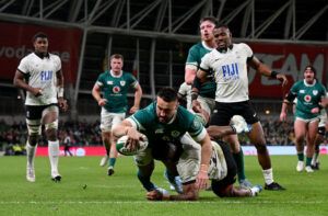 Ireland’s Ronan Kelleher scores a try against Fiji in the November 2024 international.