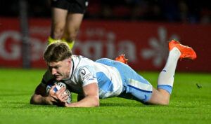 Jordie Barrett of scores a try on his Leinster debut against Bristol Bears in December 2024.