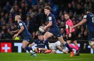 Leinster's Jordie Barrett runs with the ball in the December 2024 match against Clermont Auvergne.