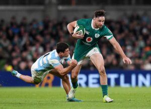 Ireland's Hugo Keenan escapes a tackle from Argentina's Bautista Delguy during the sides' Autumn Nations Series 2024 clash.