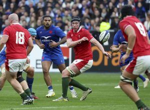 PARIS, FRANCE - MARCH 18: Adam Beard of Wales, Peato Mauvaka (left) during the Guinness Six Nations Rugby match between France and Wales at Stade de France on March 18, 2023 in Saint-Denis near Paris, France. (Photo by Jean Catuffe/Getty Images)