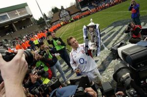 Jonny Wilkinson of England is surrounded by the Media as he parades the Six Nations Trophy. (Photo By Chris Lee/Getty Images)