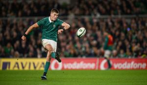 Ireland's Sam Prendergast kicks a conversion against Australia in the 2024 Autumn Nations Series