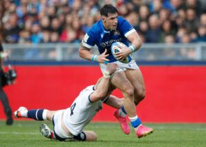 Italy's Tommaso Menoncello it tackled by Scotland's Kyle Steyn in their sides' 2024 Six Nations match