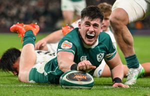 Ireland’s Dan Sheehan scores his team’s fourth try against England in the 2025 Six Nations