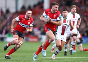 Max Llewellyn breaks during the Gallagher Premiership Rugby match between Gloucester Rugby and Leicester Tigers at Kingsholm Stadium.