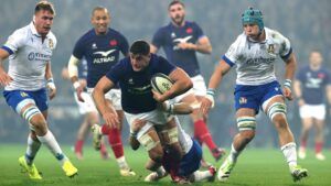 Paul Boudehent of France is tackled during the Guinness Six Nations 2024 match between France and Italy at Stade Pierre Mauroy on February 25, 2024 in Lille, France.