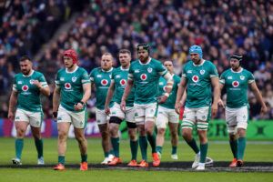 Ireland’s forwards make their way to a set piece during the 2025 Six Nations match against Scotland.