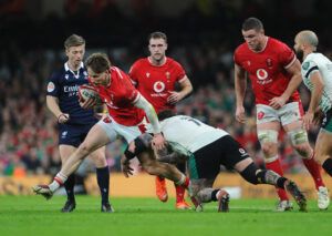 Ireland’s Andrew Porter tackles Wales’ Ellis Mee during the February 2025 Six Nations match in Cardiff.