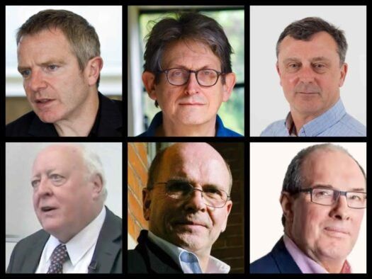 Former Observer editors (clockwise from top left): John Mulholland, Alan Rusbridger, Paul Webster, Will Hutton, Roger Alton and Jonathan Fenby (credit: Youtube for Fenby)