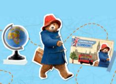 Paddington between a globe and a Paddington’s Postcard from London.