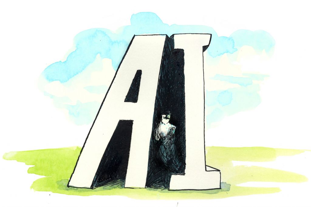 In an illustration, a person stares at their phone in the shadow of two massive letters spelling out "AI"