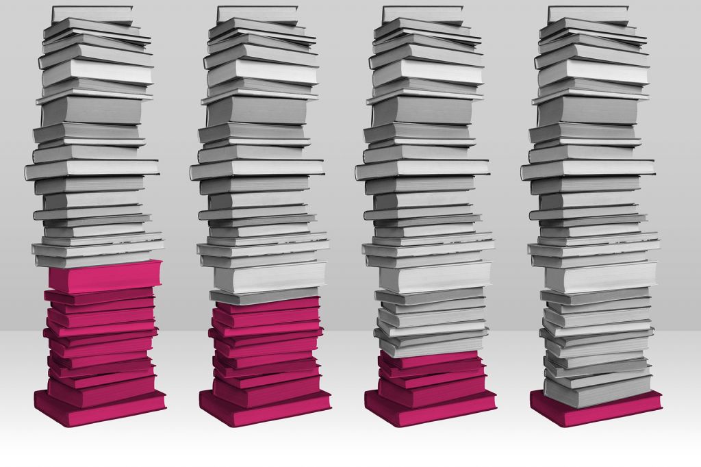 In a photo illustration, four stacks of books are partially coloured in dark pink, making them look like bar charts of diminishing heights